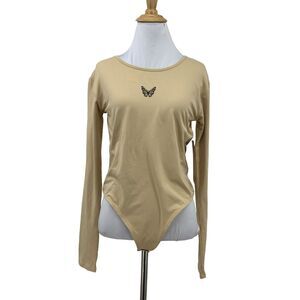 Social Scene Bodysuit Womens M Medium Champagne Tan Open Tie Back Snap Buttons